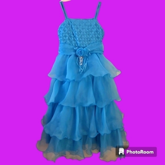 RICHIE HOUSE Blue Lattice Pearl Cascade Ruffle Chiffon Bow Tie Back Party Dress - Picture 1 of 8